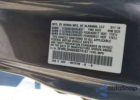 2014 Honda Odyssey Ex-L from USA, damaged, VIN 5FNRL5H66EB074147